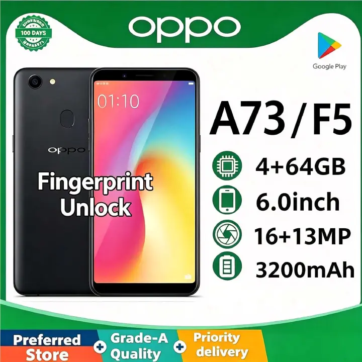 Refurbished OPPO A73/F5 Smartphone 4GB+64GB, 6 Inch HD Full Screen, Rear-mounted fingerprint unlock,16MP Front Beauty Camera, Dual SIM Mobile Phone,Gaming & Live Streaming Phone,All Networks Supported