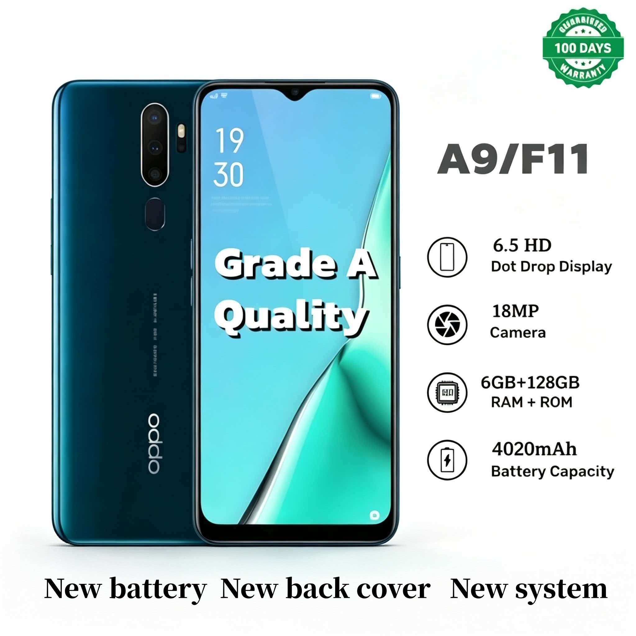 Oppo A9/F11 Refurbished Smartphone 6GB+128GB  Grade A+ Like New 4020mAh New Battery 6.53" FHD+ 18MP+16MP Dual Camera 4G Dual SIM Fingerprint & Face Unlock M-Pesa Ready Kenya Warranty