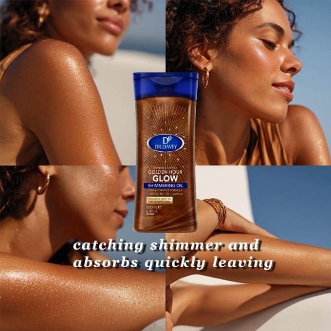 The Dr. Davey Golden Hour Glow Shimmering Oil, is a revitalizing body oil designed to provide a luminous, lustrous glow to the skin with an ultra-hydrating formula leaving a glowing effect on you skin