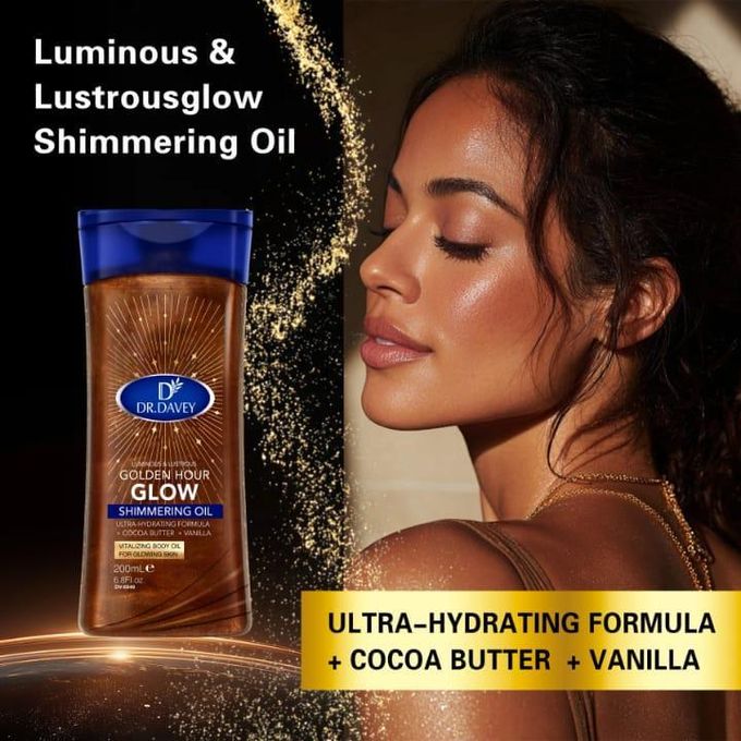 The Dr. Davey Golden Hour Glow Shimmering Oil, is a revitalizing body oil designed to provide a luminous, lustrous glow to the skin with an ultra-hydrating formula leaving a glowing effect on you skin