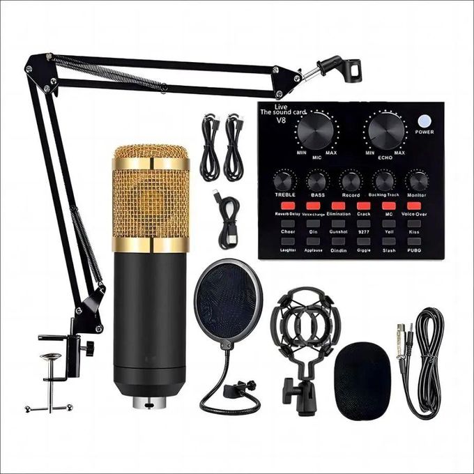 BM800 Studio Condenser Microphone V8 Sound Card Bundle Professional Recording Kit with Mic Stand for Podcast, Live Broadcast, Karaoke, Music Production and Voice Recording