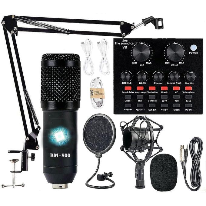 BM800 Studio Condenser Microphone V8 Sound Card Bundle Professional Recording Kit with Mic Stand for Podcast, Live Broadcast, Karaoke, Music Production and Voice Recording