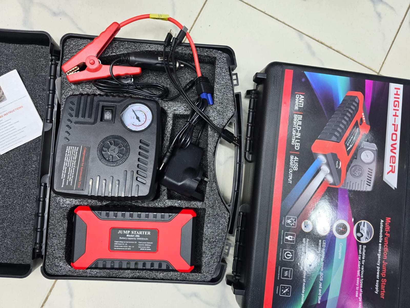 12V Car Jump Starter with Air Compressor Tire Inflator Power Bank Jumper Cables Battery Booster Emergency Roadside Assistance Kit Portable Car Tire Pump for SUV Truck Motorcycle