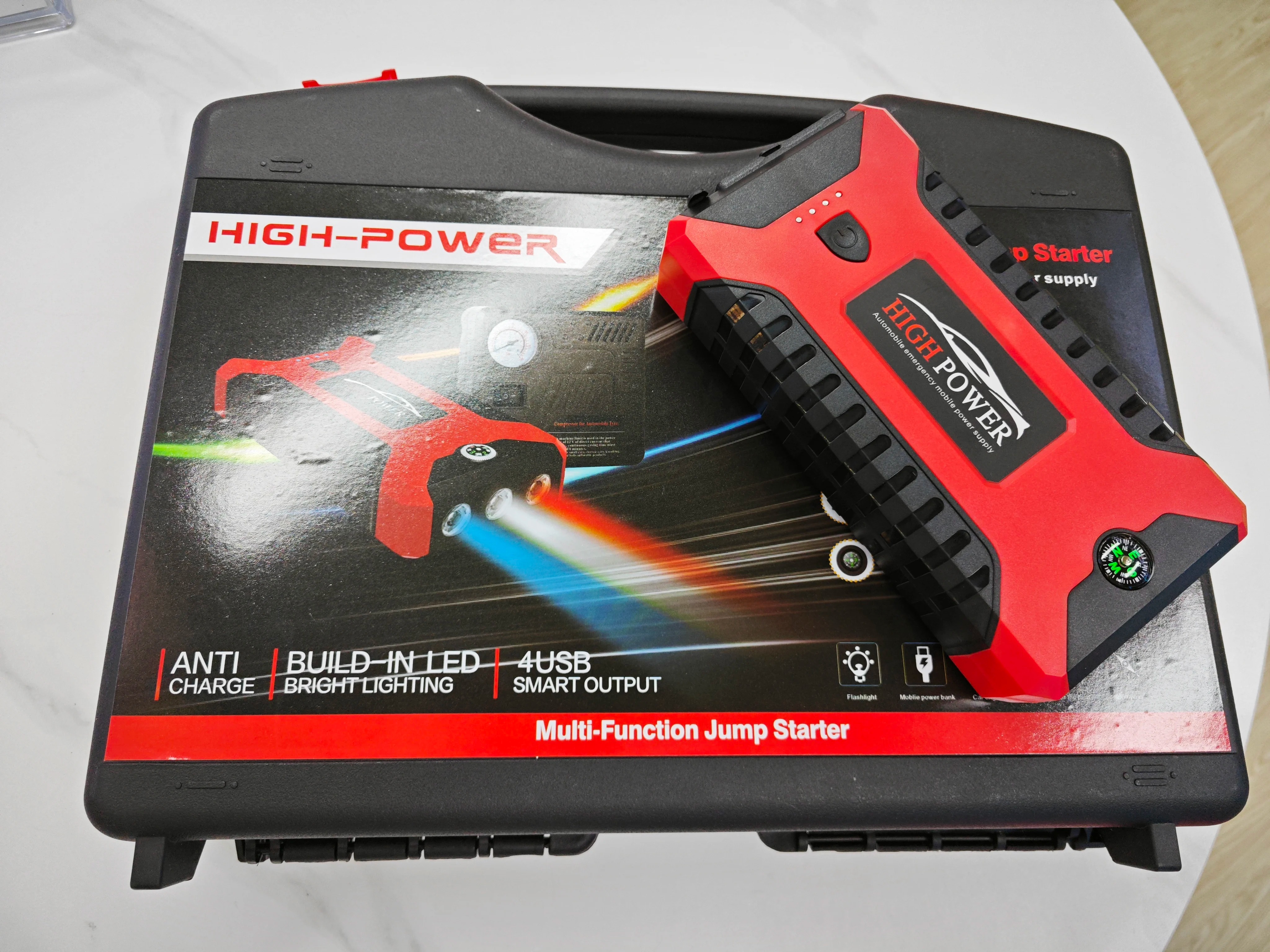 Multi-Function 12V Car Jump Starter Power Bank with Air Compressor Tire Inflator Jumper Cables Emergency Vehicle Battery Booster Portable Tire Pump for Car, SUV, Truck & Motorcycle