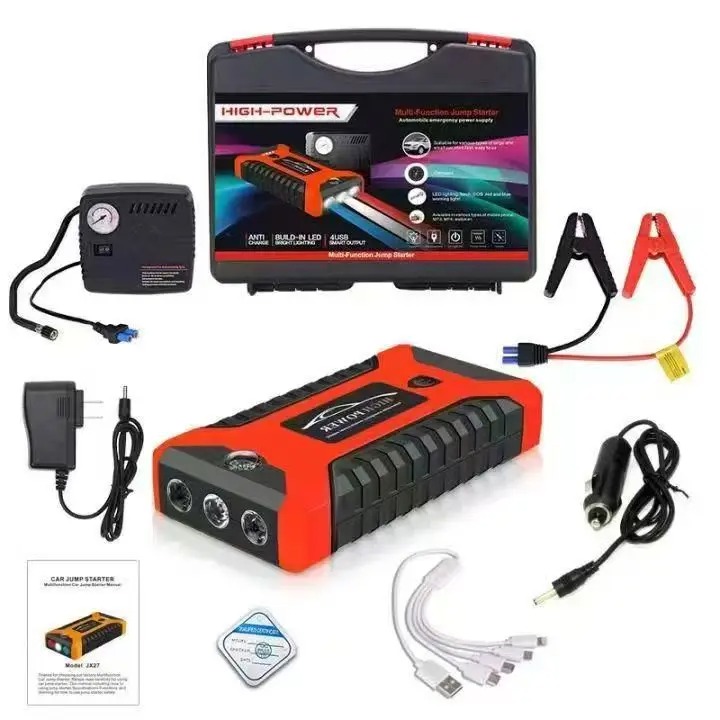 Multi-Function 12V Car Jump Starter Power Bank with Air Compressor Tire Inflator Jumper Cables Emergency Vehicle Battery Booster Portable Tire Pump for Car, SUV, Truck & Motorcycle