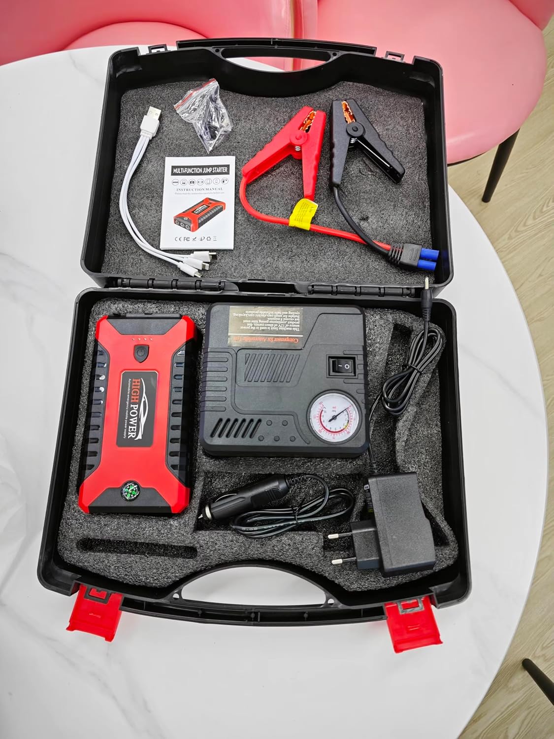 Multi-Function 12V Car Jump Starter Power Bank with Air Compressor Tire Inflator Jumper Cables Emergency Vehicle Battery Booster Portable Tire Pump for Car, SUV, Truck & Motorcycle