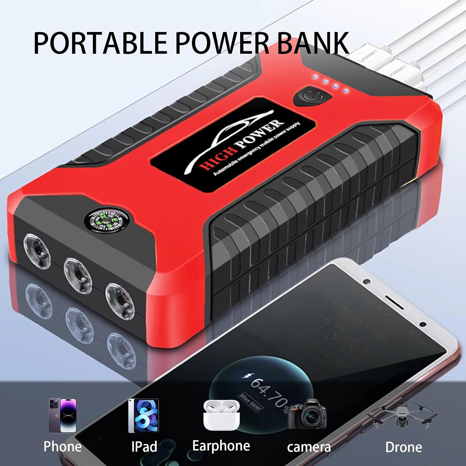 Multi-Function 12V Car Jump Starter Power Bank with Air Compressor Tire Inflator Jumper Cables Emergency Vehicle Battery Booster Portable Tire Pump for Car, SUV, Truck & Motorcycle