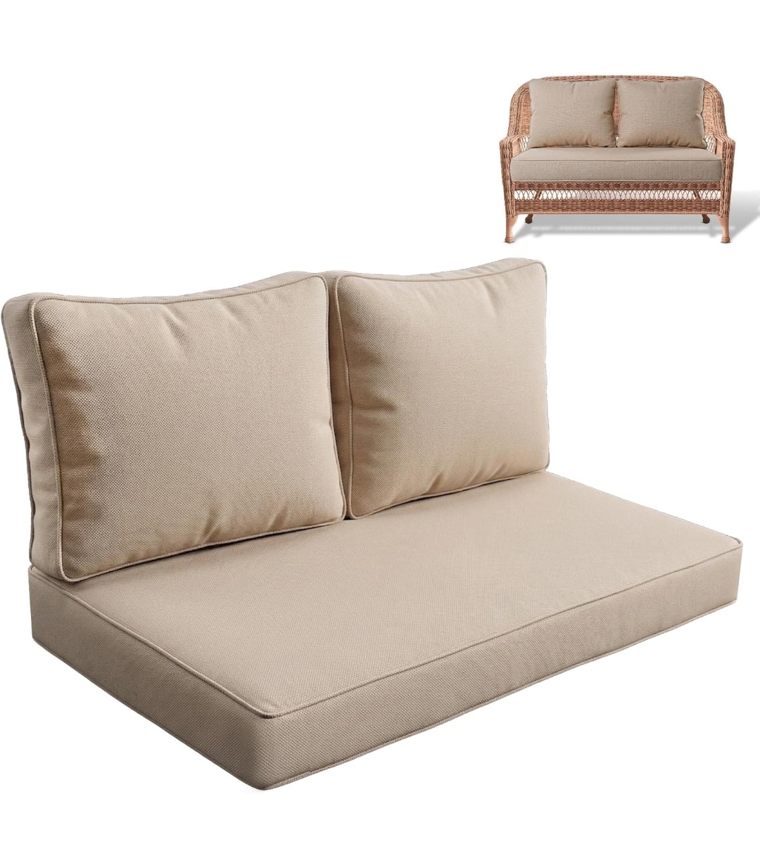 Indoor/Outdoor Loveseat Cushion Set, 48 x 24 x 5 Seat Cushion + 2 Back Pillows.Fade Resistant, Removable Covers, Deep Patio Loveseat Cushions Replacement for Couch, Bench,Ties Included.(NO BENCH)