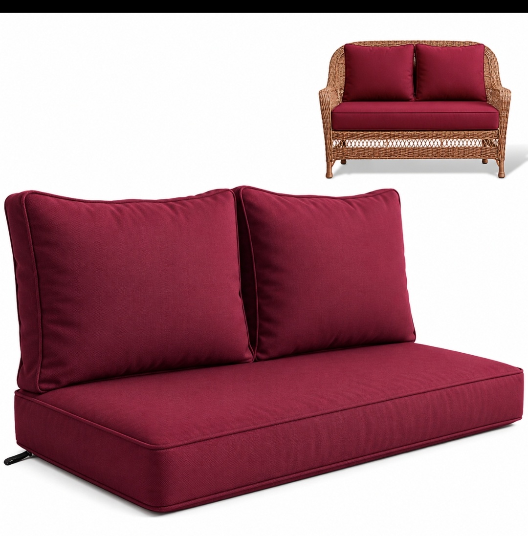 Indoor/Outdoor Loveseat Cushion Set, 48 x 24 x 5 Seat Cushion + 2 Back Pillows.Fade Resistant, Removable Covers, Deep Patio Loveseat Cushions Replacement for Couch, Bench,Ties Included.(NO BENCH)