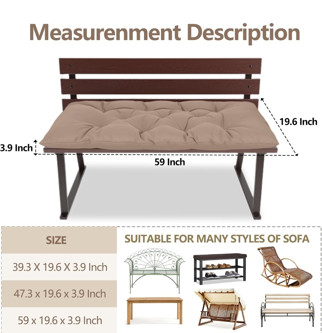 Indoor/Outdoor Bench Cushion only,NO BENCH. Swing Cushion,2/3 seat Thick Outdoor Garden Bench Seat Cushion Backrest Bench Pad (59 X 19.6 in )
