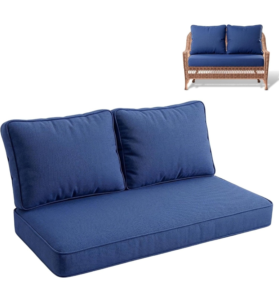 Indoor/Outdoor Loveseat Cushion Set, 48 x 24 x 5 Seat Cushion + 2 Back Pillows.Fade Resistant, Removable Covers, Deep Patio Loveseat Cushions Replacement for Couch, Bench,Ties Included.(NO BENCH)