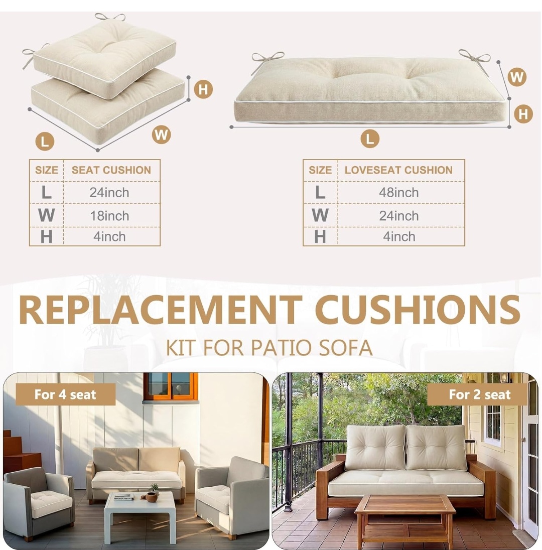 3 Pcs Outdoor Loveseat Cushions 48 x 24 Inch Love Seat Pad with 2 Back Pillows Replacement for Patio Furniture Porch Swing Bench Wicker Chair Couch.