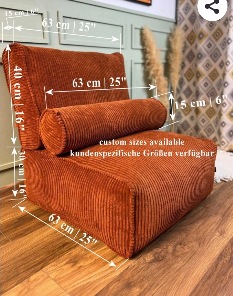 1PC Corduroy Floor Cushion Chair with Matching Bolster Pillow