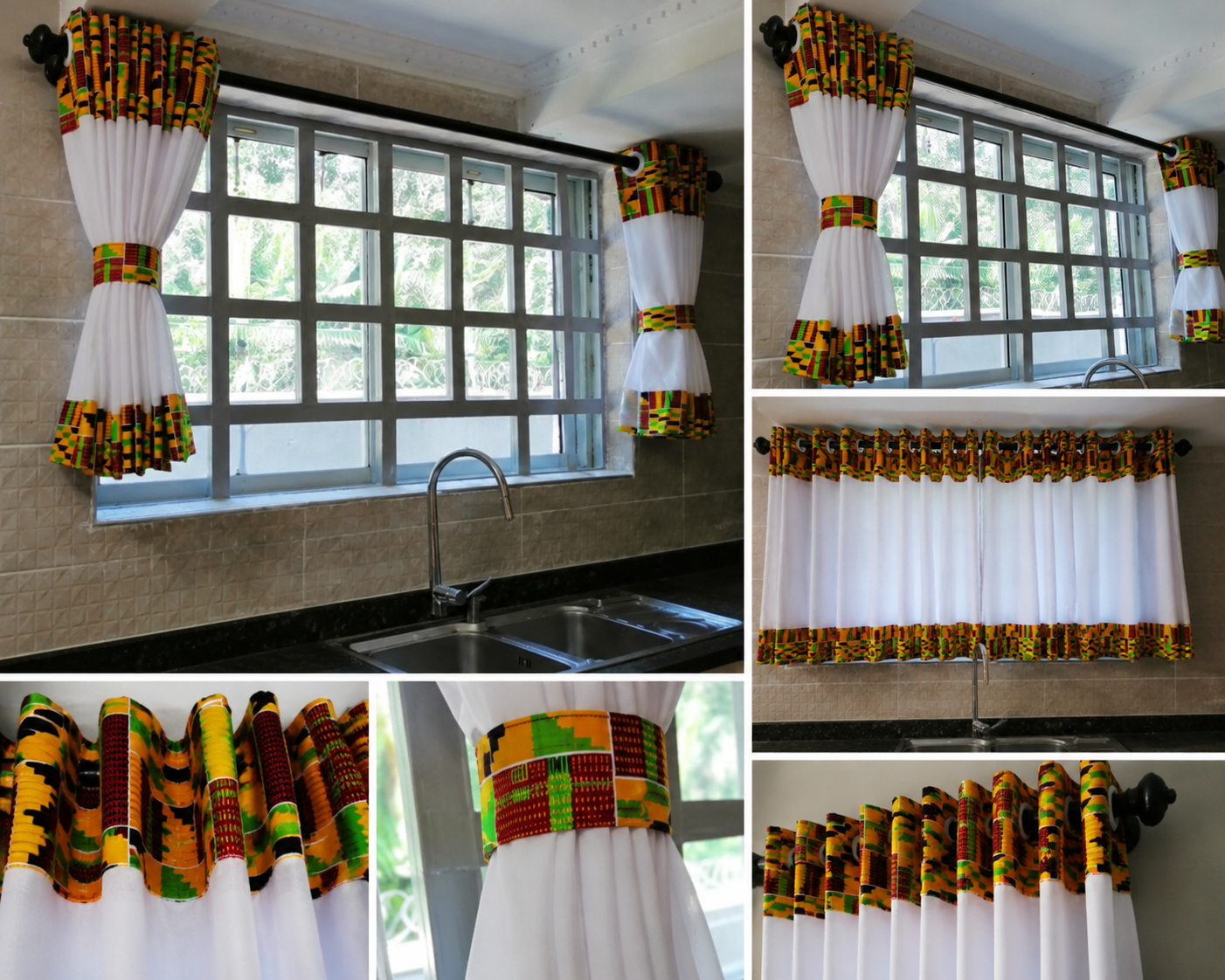 2-Piece Kitchen Curtain Set with Kente Print Accents – Elegant African-Inspired Window Drapes
