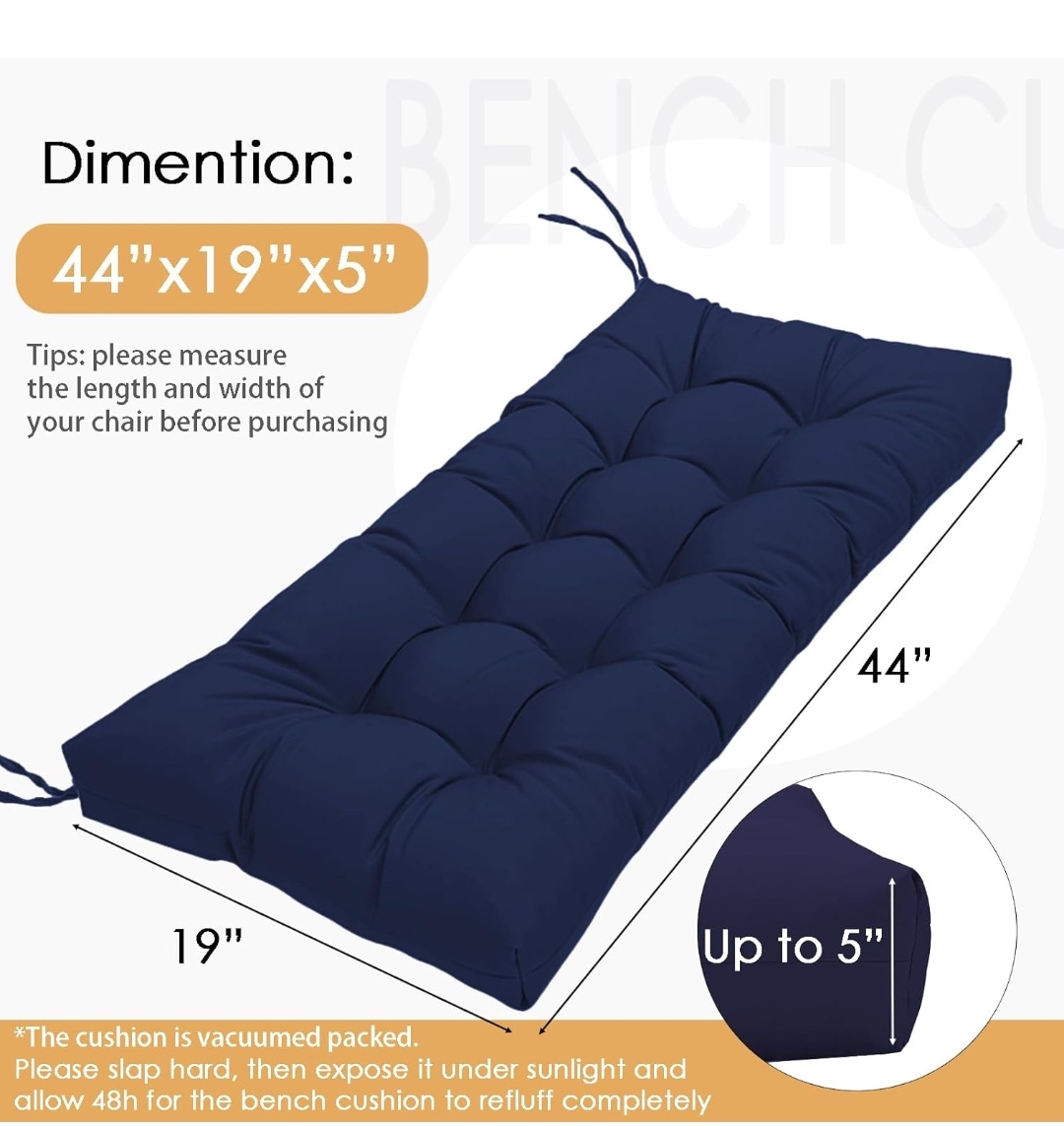 Indoor/Outdoor Bench Cushion-44X19 Inch Tufted Porch Swing Cushions with High Elasticity PP Cotton and Durable Ties, Thick Bench Seat Cushions for Patio Furnitures, Indoor Window Cushion(NO BENCH)