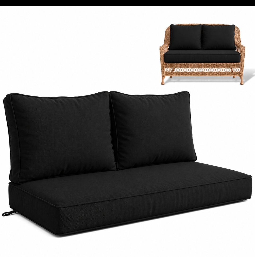 Indoor/Outdoor Loveseat Cushion Set, 48 x 24 x 5 Seat Cushion + 2 Back Pillows.Fade Resistant, Removable Covers, Deep Patio Loveseat Cushions Replacement for Couch, Bench,Ties Included.(NO BENCH)