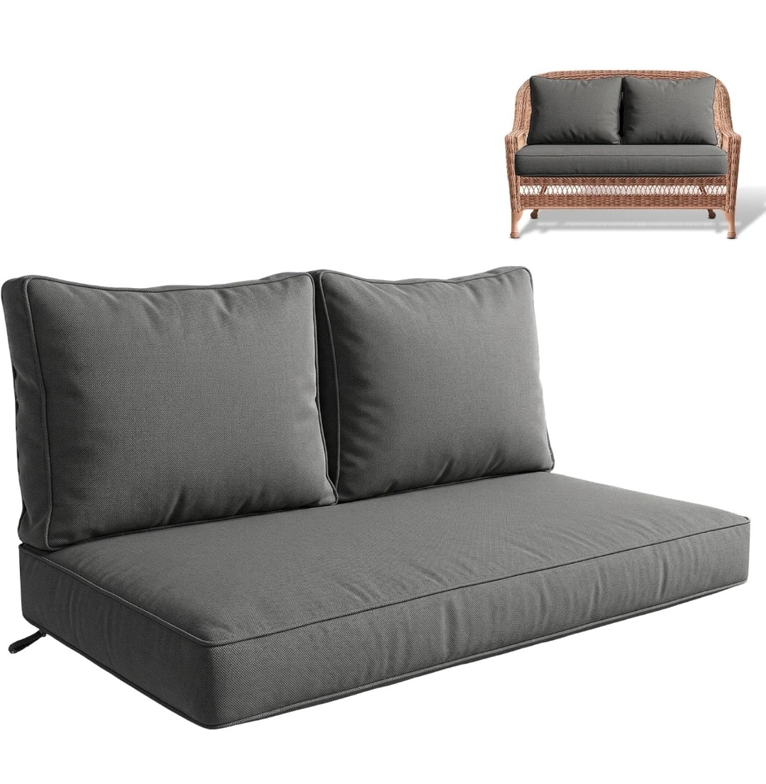 Indoor/Outdoor Loveseat Cushion Set, 48 x 24 x 5 Seat Cushion + 2 Back Pillows.Fade Resistant, Removable Covers, Deep Patio Loveseat Cushions Replacement for Couch, Bench,Ties Included.(NO BENCH)