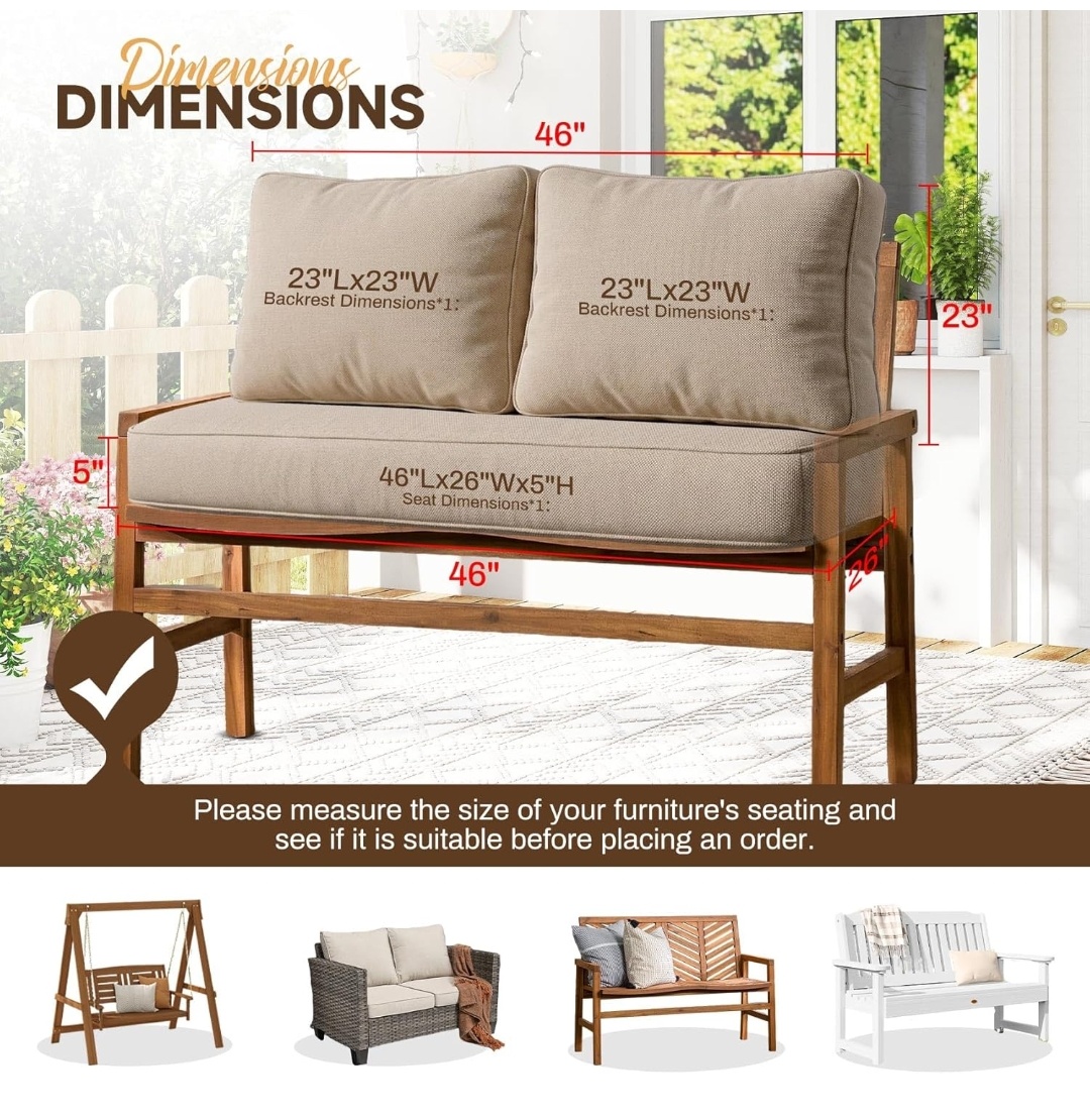 Indoor/Outdoor Loveseat Cushion Set, 48 x 24 x 5 Seat Cushion + 2 Back Pillows.Fade Resistant, Removable Covers, Deep Patio Loveseat Cushions Replacement for Couch, Bench,Ties Included.(NO BENCH)