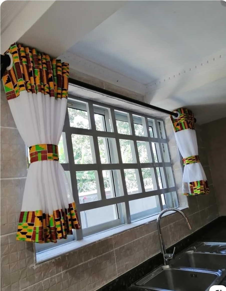 2-Piece Kitchen Curtain Set with Kente Print Accents – Elegant African-Inspired Window Drapes