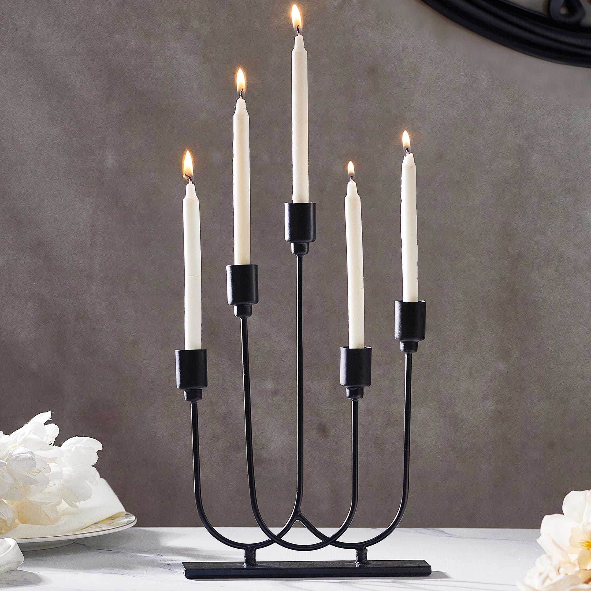 Turn Ordinary Dinners into Luxury Experiences
5-Arm Nordic Candle Holder – Modern Black Iron Candelabra Stand for Dining Table, Wedding Decor & Home Aesthetic