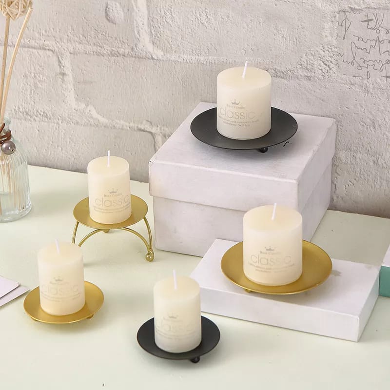 Casa Lumi Minimalist Candle Holder Set – Modern Gold & Black Iron Plate Stand for Home Decor