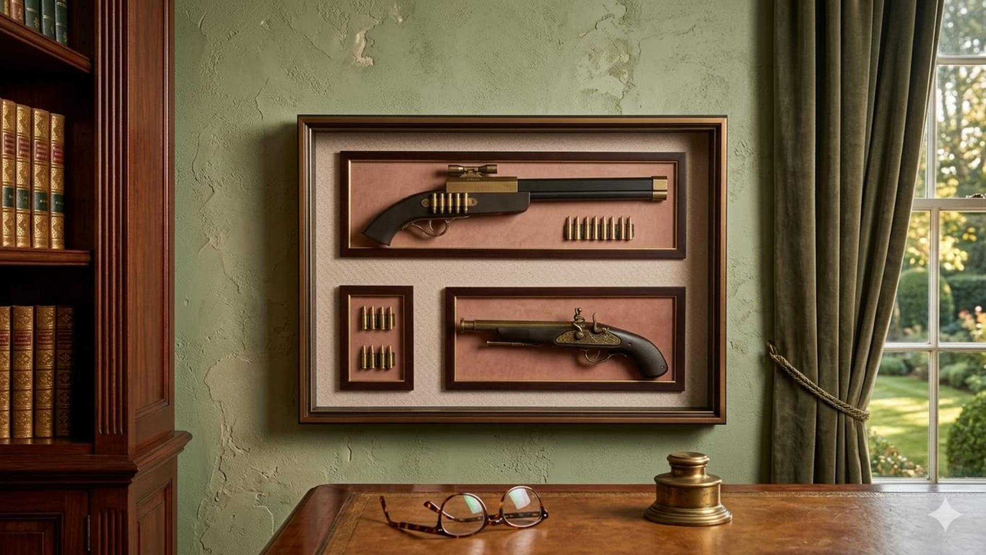 Luxury Decorative Gun Wall Frame | 1 Gun & 4 Bullets | 2 Guns & 4 Bullets | 2 Guns & 16 Bullets | Vintage Wall Art for Home, Office, Bar & Lounge