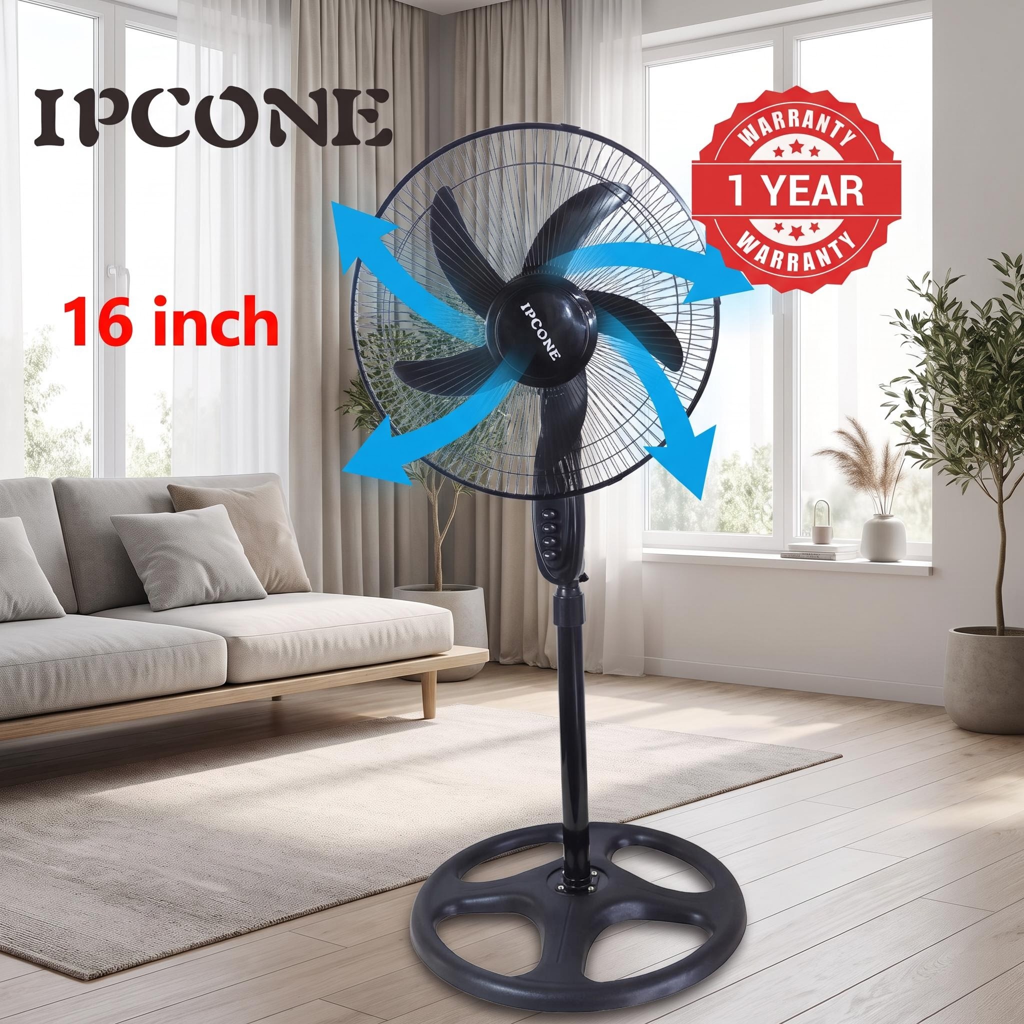 IPCONE 16 Inch Stand Fan -5 Blades 3 Speed Powerful motor Fan Electric Floor Fan Cooling Fan Cooler Floor Fan