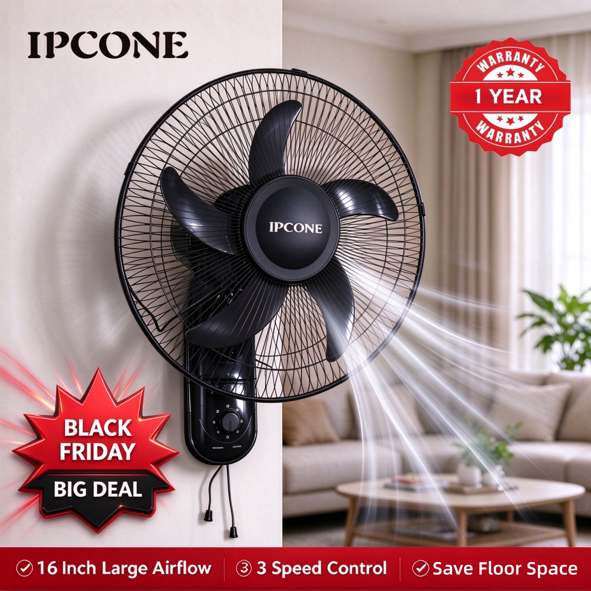IPCONE 16 inch wall mount fan 5 blades 3 speed powerful motor fan electric cooling fan cooler wall mounted fan