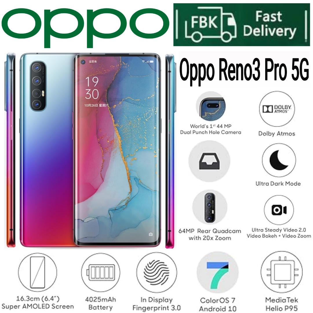OPPO Reno 3 Pro 5G Smartphone has 8GB RAM 128GB Storage 6.4 Inch AMOLED Display Dual Punch-Hole Camera 48MP Quad Camera 5G Network Fast Charging Fingerprint Unlock Slim Premium Design Android Phone
