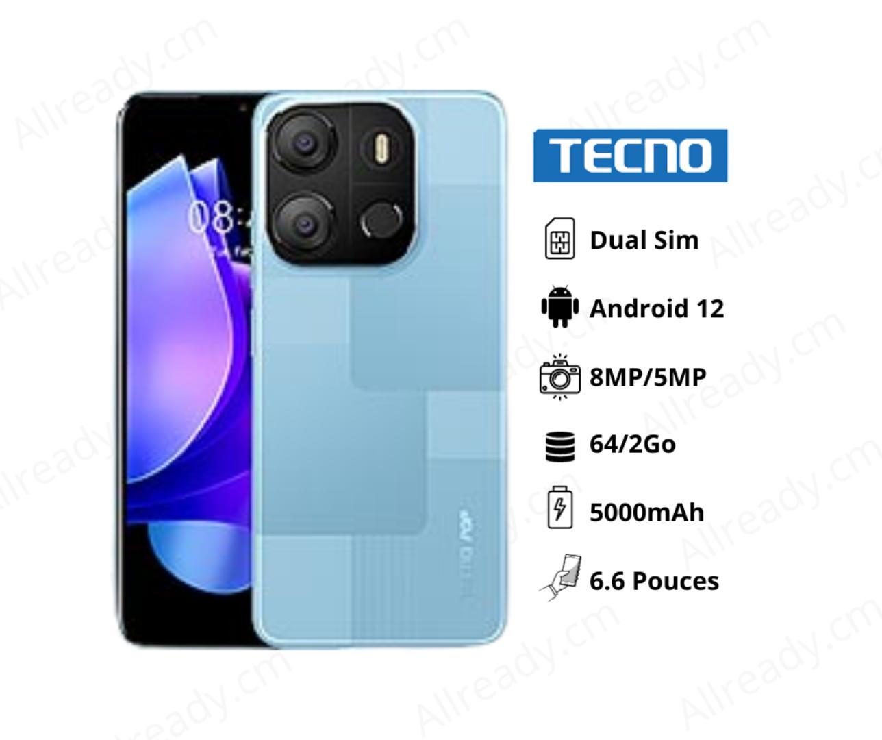 TECNO Pop 7 Smartphone 2GB RAM 64GB Storage 6.6 Inch HD+ Display Dual SIM Android Face Unlock Fingerprint Sensor 5000mAh Battery 4G LTE Stylish Budget Mobile Phone