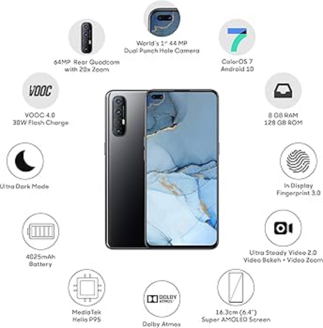 OPPO Reno 3 Pro 5G Smartphone has 8GB RAM 128GB Storage 6.4 Inch AMOLED Display Dual Punch-Hole Camera 48MP Quad Camera 5G Network Fast Charging Fingerprint Unlock Slim Premium Design Android Phone