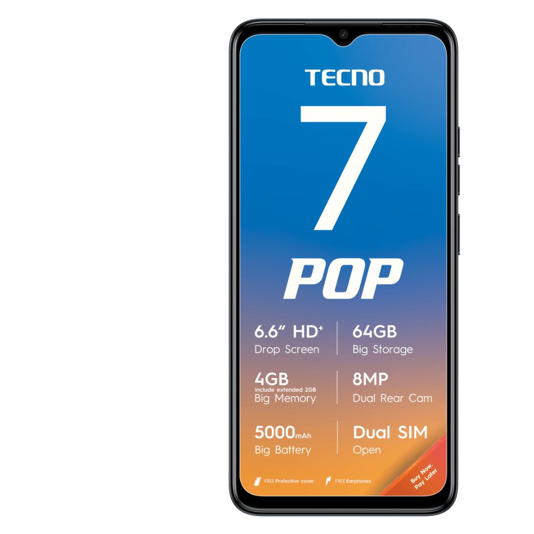 TECNO Pop 7 Smartphone 2GB RAM 64GB Storage 6.6 Inch HD+ Display Dual SIM Android Face Unlock Fingerprint Sensor 5000mAh Battery 4G LTE Stylish Budget Mobile Phone