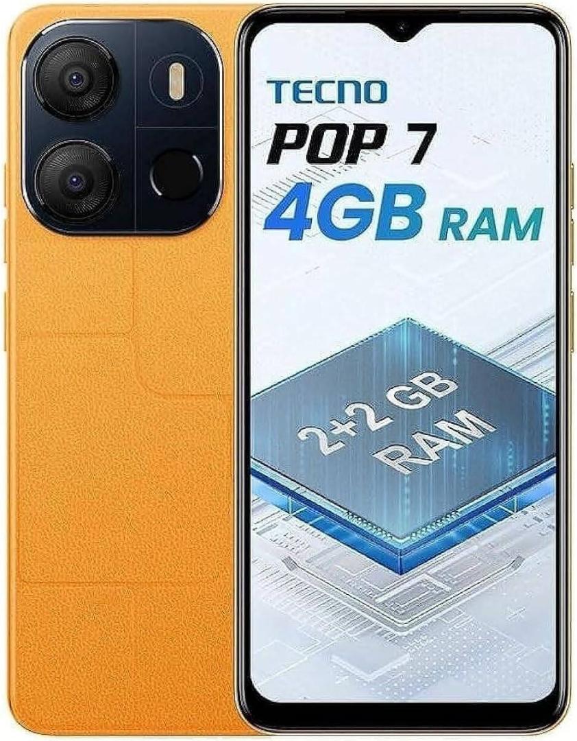 TECNO Pop 7 Smartphone 2GB RAM 64GB Storage 6.6 Inch HD+ Display Dual SIM Android Face Unlock Fingerprint Sensor 5000mAh Battery 4G LTE Stylish Budget Mobile Phone