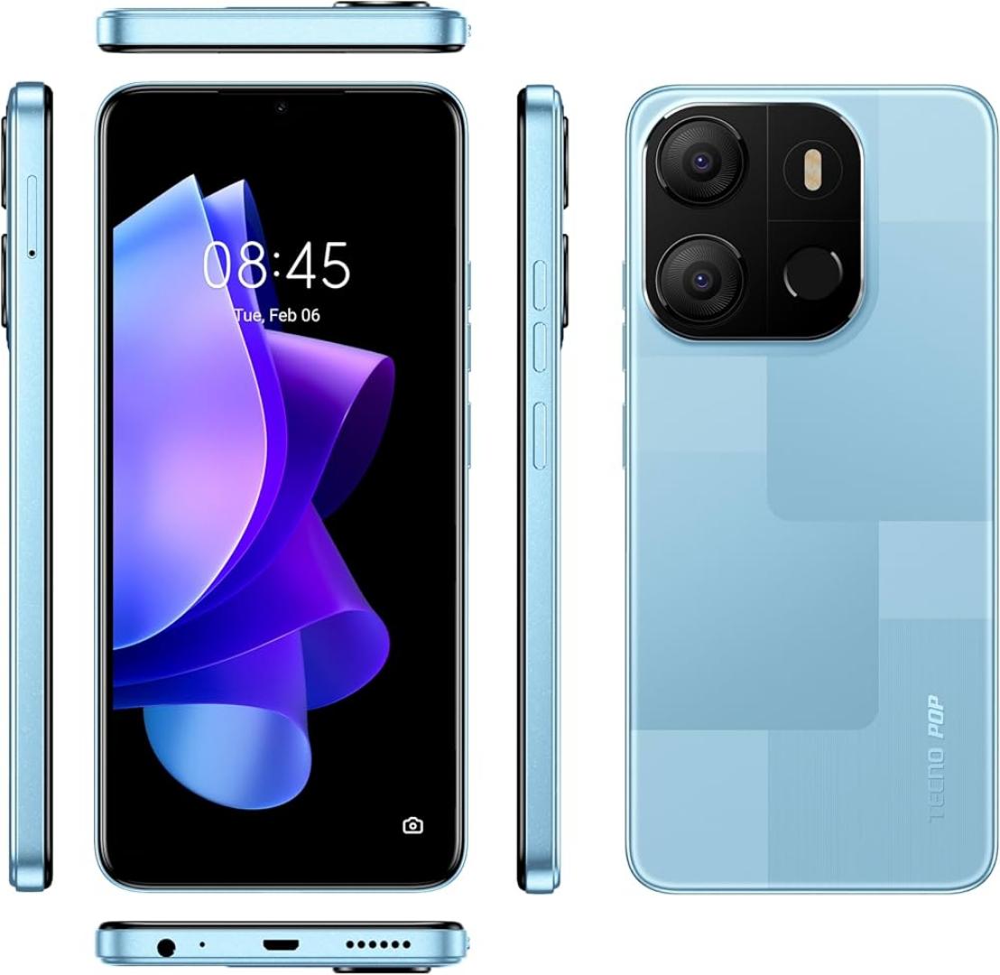 TECNO Pop 7 Smartphone 2GB RAM 64GB Storage 6.6 Inch HD+ Display Dual SIM Android Face Unlock Fingerprint Sensor 5000mAh Battery 4G LTE Stylish Budget Mobile Phone