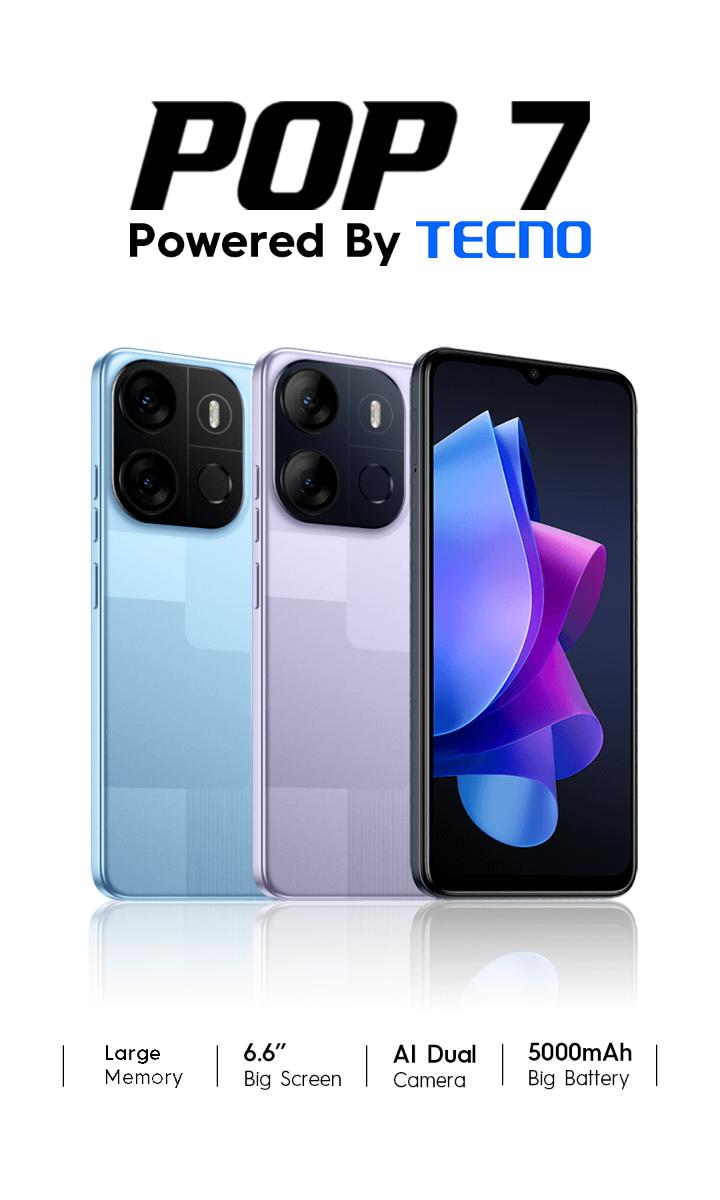 TECNO Pop 7 Smartphone 2GB RAM 64GB Storage 6.6 Inch HD+ Display Dual SIM Android Face Unlock Fingerprint Sensor 5000mAh Battery 4G LTE Stylish Budget Mobile Phone