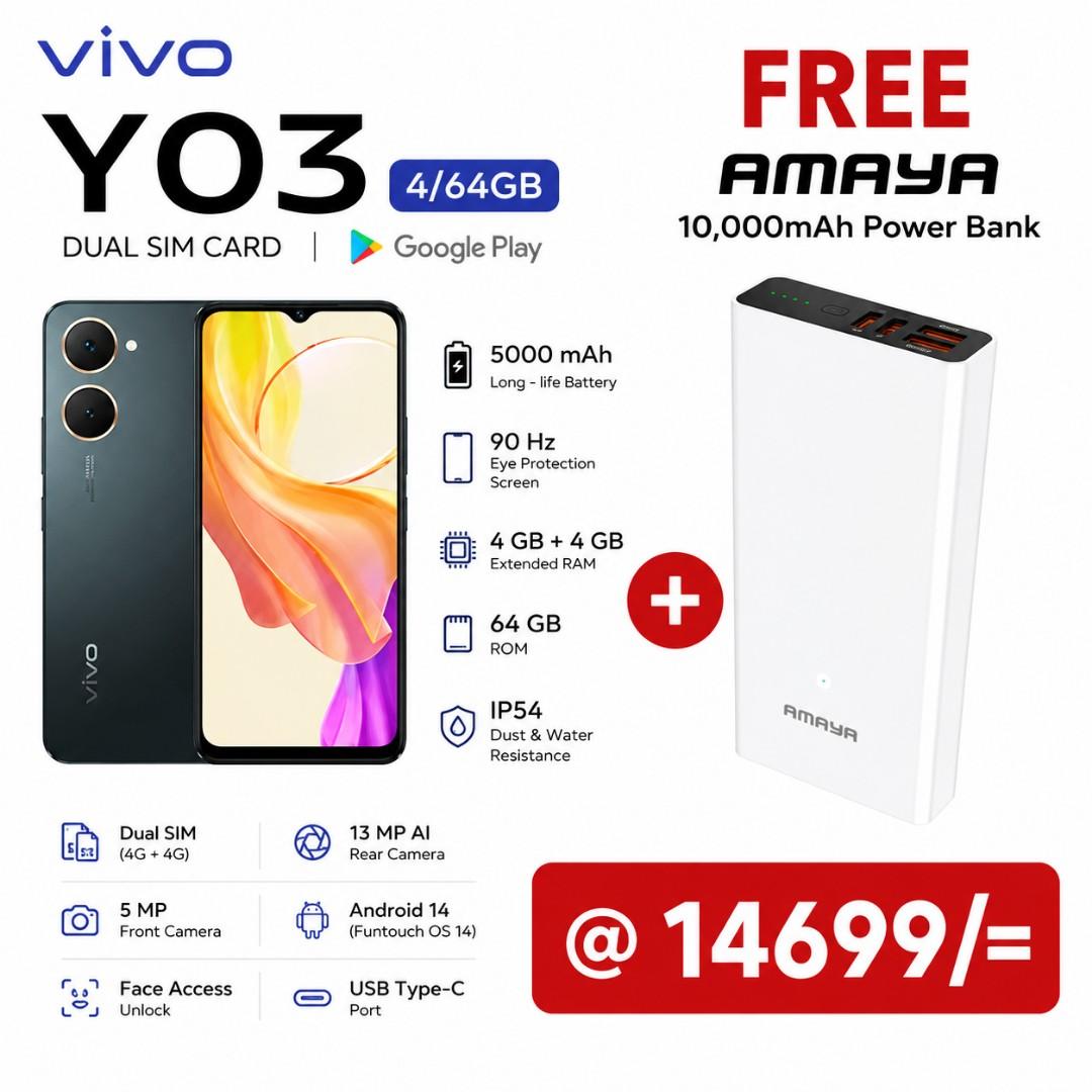 Vivo Y03 4GB RAM 64GB ROM Smartphone, 6.56" 90Hz Display, 5000mAh Battery, 13MP AI Camera, Android 14, Dual SIM, Face Unlock, Fast Performance, Stylish Design Mobile Phone