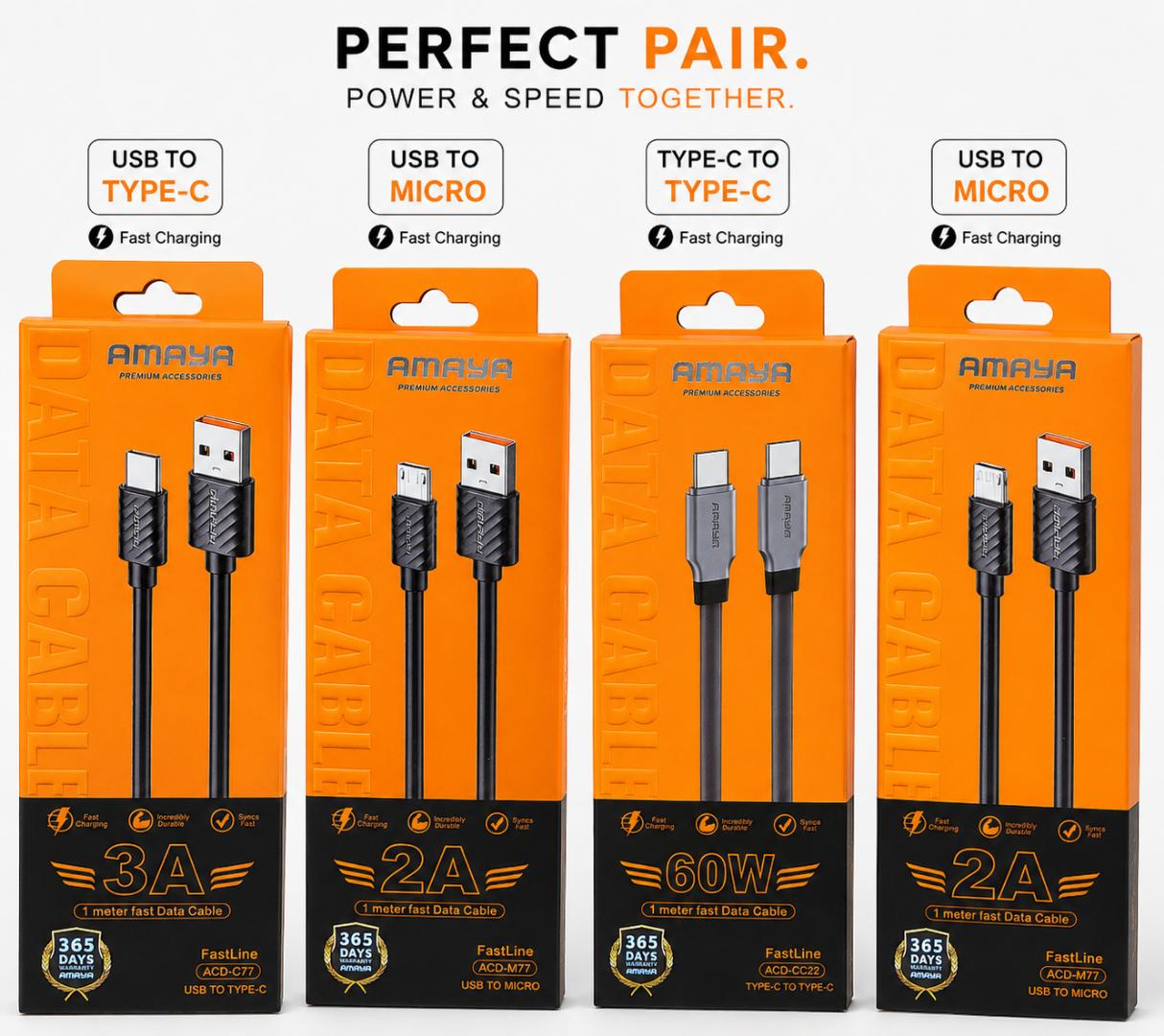 Amaya ACD-CC82 Type-C to Type-C Fast Charging Cable Bundle + FREE USB-C, Micro USB & Lightning Cables | 1M Durable Data & Charging Cords