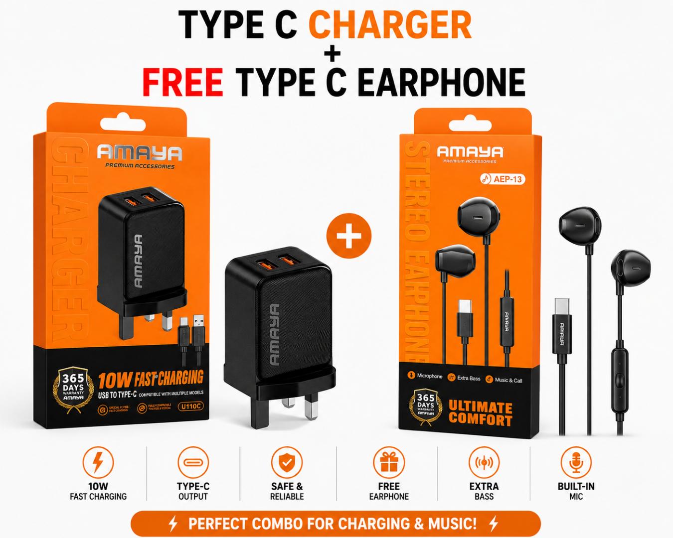 Amaya U110C 10W Type-C Charger +  Free AEP-13 Type-C Earphones Bundle | 10W Fast Stable Charging Adapter with Clear Sound Earphones | Type-C Charging and Audio Combo Set for Smartphones and Devices