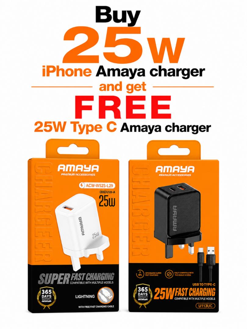 Apple 25W Fast Charger ACW-W52S-L29 + Amaya U113UC 25W Type-C Charger Bundle | Dual Fast Charging Combo for iPhone & Android Devices | Safe Power Adapter Set | Travel Friendly Charging Kit | Retail Pr