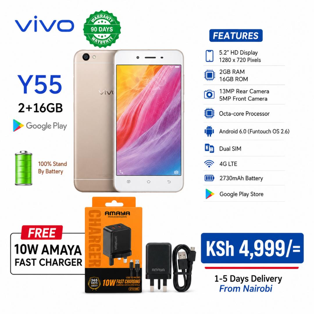 Vivo Y55 Smartphone features a 2GB RAM 16GB Storage 5.2 Inch HD Display Dual SIM Android Mobile Phone 8MP Rear Camera Snapdragon Processor Expandable Storage Slim Design Long Battery Life 4G LTE