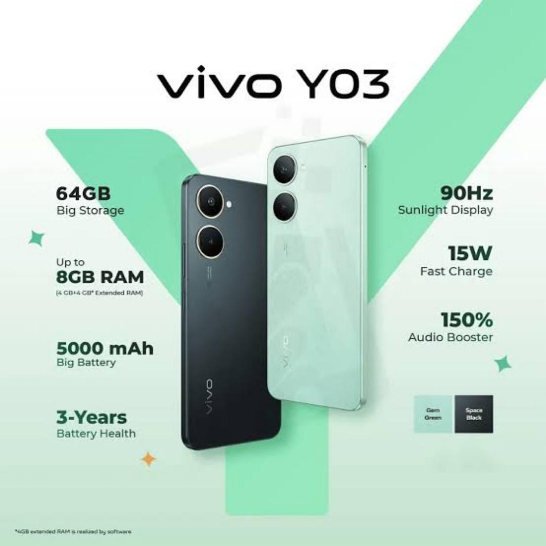 Vivo Y03 4GB RAM 64GB ROM Smartphone, 6.56" 90Hz Display, 5000mAh Battery, 13MP AI Camera, Android 14, Dual SIM, Face Unlock, Fast Performance, Stylish Design Mobile Phone