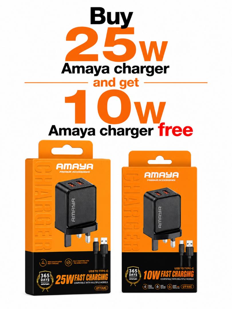 Amaya U113UC 25W Type-C Fast Charger + Free Amaya U110C 10W Type-C Charger Bundle | Dual Charger Promotion | Fast & Standard Charging Set for Smartphones | Amaya Official Charging Set | Retail Bundle