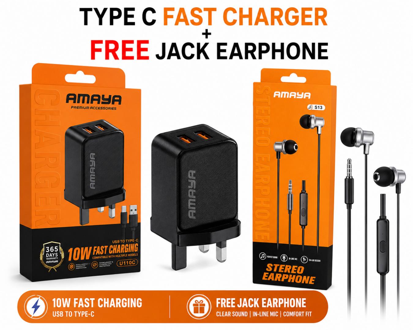 Amaya 10W Type-C Fast Charger + Amaya S3 3.5mm Jack Earphones Bundle | Stable Charging Adapter with High Quality Wired Earphones Combo Set for Smartphones, Clear Sound, Safe Charging and Daily Use
