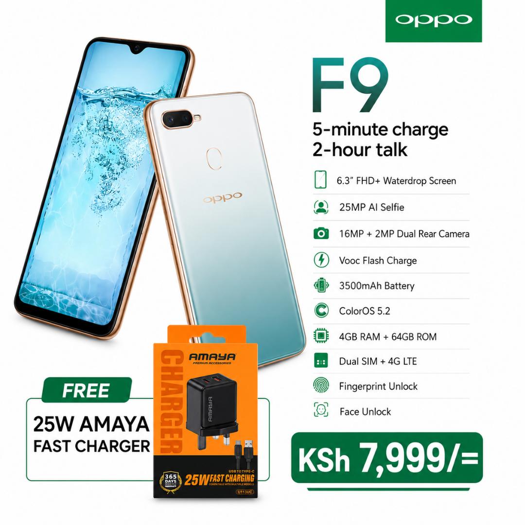 OPPO F9 Smartphone 4GB RAM 128GB Storage 6.3 Inch Waterdrop Display Dual SIM Fast Charging Fingerprint Sensor AI Dual Camera Android Mobile Phone