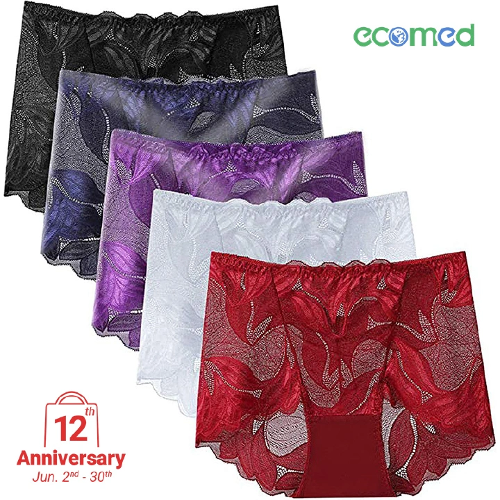 5 Pcs Women Underwear Lace Panties Woman Clothes Mid Waisted Hollow Out Transparent Mesh Plus Size Ladies Seamless Butt Lift Brief