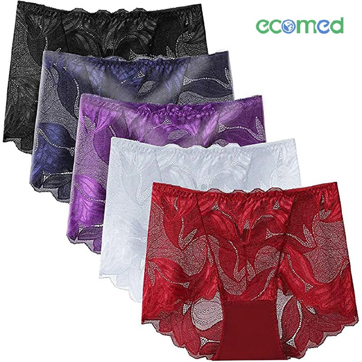 5 Pcs Women Underwear Lace Panties Woman Clothes Mid Waisted Hollow Out Transparent Mesh Plus Size Ladies Seamless Butt Lift Brief