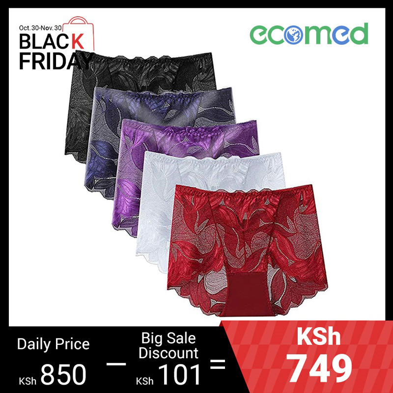 5 Pcs Women Underwear Lace Panties Woman Clothes Mid Waisted Hollow Out Transparent Mesh Plus Size Ladies Seamless Butt Lift Brief
