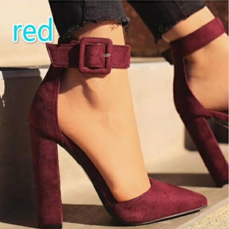 2026 Spring/Summer New African American European Fashion Large Size Thick Heel High Heel Pointed Toe Buckled Hollow Single Sandal Women Popular Shallow Buckle Design Element
