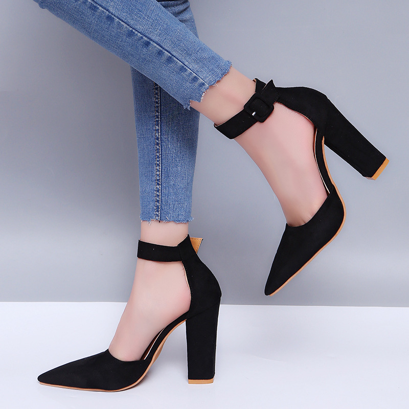 2026 Spring/Summer New African American European Fashion Large Size Thick Heel High Heel Pointed Toe Buckled Hollow Single Sandal Women Popular Shallow Buckle Design Element