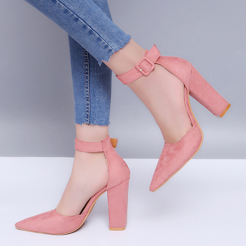 2026 Spring/Summer New African American European Fashion Large Size Thick Heel High Heel Pointed Toe Buckled Hollow Single Sandal Women Popular Shallow Buckle Design Element
